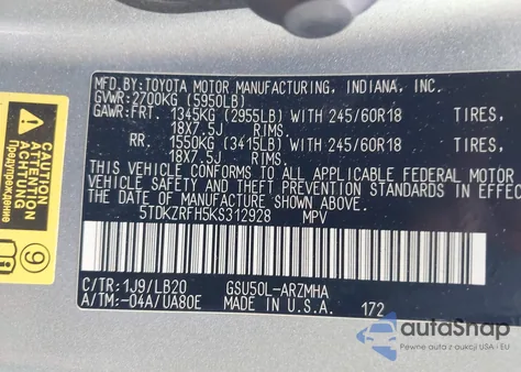 2019 Toyota Highlander Xle from USA, damaged, VIN 5TDKZRFH5KS312928